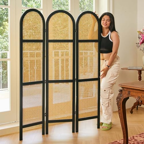 Svimi Room Divider and Folding Privacy Screens, Pine Wood 5.6 Ft Double Hinged Rattan Partition Freestanding Wall Room Divider for Home - 3 Panels - color: Black/Natural