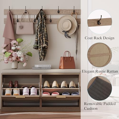 LUMTOK Shoe Storage Bench with 2 Coat Racks & Padded Cushion, Rattan Entryway Bench with 2 Flip Drawers，Narrow Shoes Storage Cabinet with Hooks for Hallway, Living Room, Bedroom
