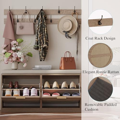 LUMTOK Shoe Storage Bench with 2 Coat Racks & Padded Cushion, Rattan Entryway Bench with 2 Flip Drawers，Narrow Shoes Storage Cabinet with Hooks for Hallway, Living Room, Bedroom