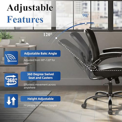Ergonomic Office Chair, Flip-up Armrest, Mesh Back PU Leather Seat | Black Computer Desk Chair, Height Adjustable, Lumbar Support, Breathable Mesh Back, Thick PU Leather Cushion, 300lb Cap