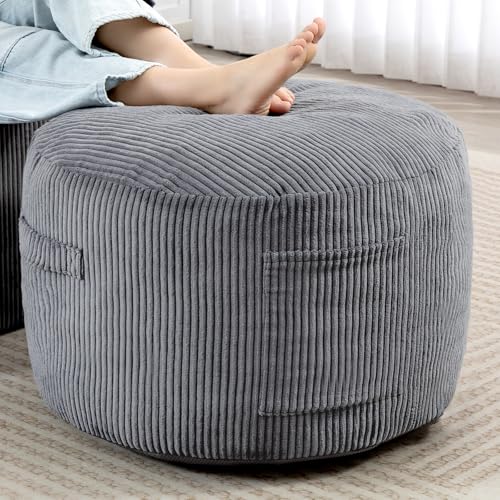 Round Stuffed Pouf Ottoman (Gray, 26" D x 26" W x 18" H) | Corduroy Foot Rest with Rebound Foam Filling, Furry and Fluffy Foot Stool Ottoman, Floor Poufs for Living Room - color: Grey, size: 26"D x 26"W x 18"H