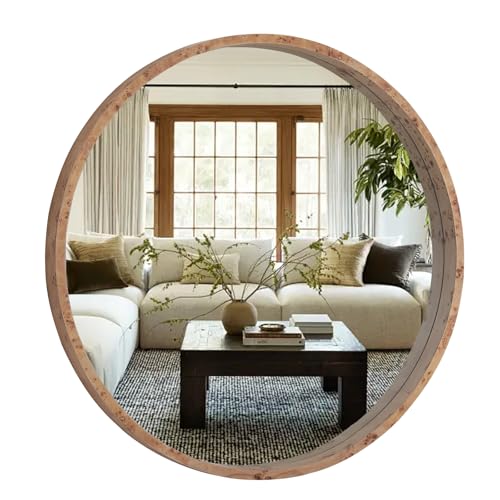 28 Inch Round Wood Mirror, Burlwood Grain Wood Frame Circle Mirror, Versatile Wall Decor for Bathroom Vanity, Living Room, Bedroom and Entryway, Natural - size: 36"L x 36"W