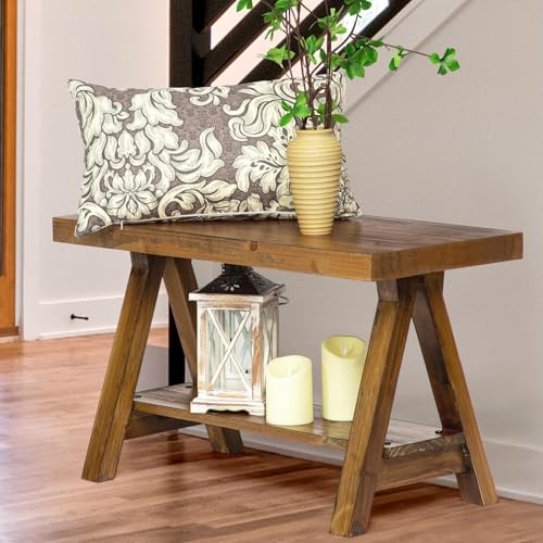 Wnutrees 30" Farmhouse Solid Wood Bench, Rustic Indoor Storage Bench | Entryway Seat for Living Room, End of Bed, Hallway, Original Natural Wood Finish, Sturdy Construction - size: 30" wood bench
