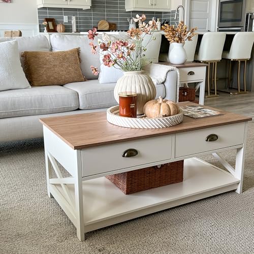 PHI VILLA White Coffee Table with Drawers,2 Tiers Living Room Coffee Table | Storage Shelf Rustic Rectangle Coffee Table with Drawers, Farmhouse Wood Coffee Table, Modern Style - color: Ivory 3