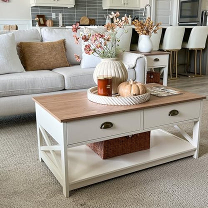 PHI VILLA White Coffee Table with Drawers,2 Tiers Living Room Coffee Table | Storage Shelf Rustic Rectangle Coffee Table with Drawers, Farmhouse Wood Coffee Table, Modern Style - color: Ivory 3