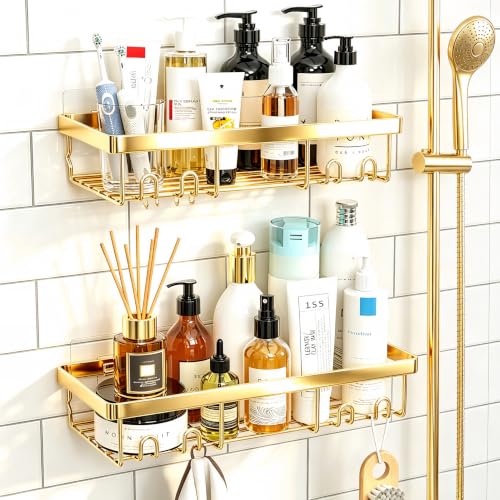 Moforoco Shower Caddy Shelf Organizer Rack, Self Adhesive Black Bathroom Shelves Basket, Home Farmhouse Wall Inside Organization and Storage Decor Rv Accessories, First Camper Apartment Essentials - color: Gold, size: Medium