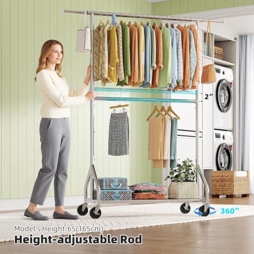 Simple Trending Heavy Duty Clothes Rack, Extendable Clothing Rack, Chrome | Double Rod Garment Rack, Freestanding Portable Closet, with Wheels & Shelf, Adjustable Middle Rod, for Bedroom, Laundry - size: 17"D x 61.25"W x 74.25"H