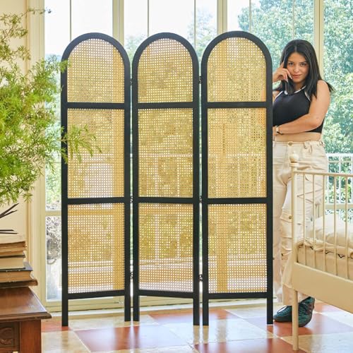 Svimi Room Divider and Folding Privacy Screens, Pine Wood 5.6 Ft Double Hinged Rattan Partition Freestanding Wall Room Divider for Home - 3 Panels - color: Black/Natural