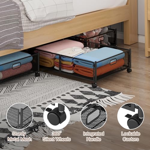 Gawerk Under Bed Storage with Wheels, Foldable Metal Mesh Underbed Storage Container Bins, Tool-free Assembly Clothes Drawer Organizer, 2Pack - color: White