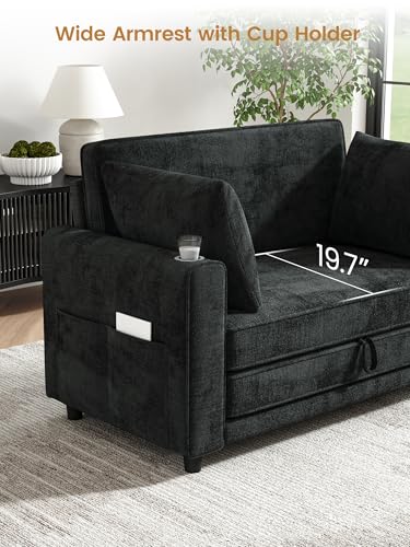 51" Loveseat Convertible Sofa Bed with Cup Holder, Small Couch 2 in 1 Pull Out Sleeper Couch, Floor Folding Couch Sofa with Two Pillows for Living Room, Apartment, Dorm (Black) - color: Black