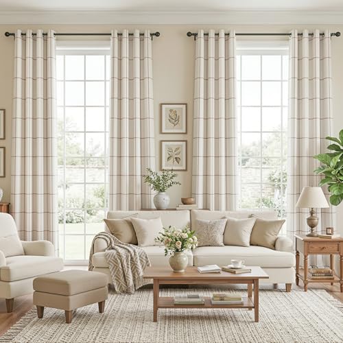 MYSKY HOME 100% Blackout Plaid Linen Farmhouse Curtains 72 Inch Length 2 Panels Set Double Layer Thermal Insulated Black Out Checkered Patterned Window Treatment, 2 Pcs, 52" Wide Each Panel, Brown - color: Brown, size: 52"W x 72"L (Pack of 2)
