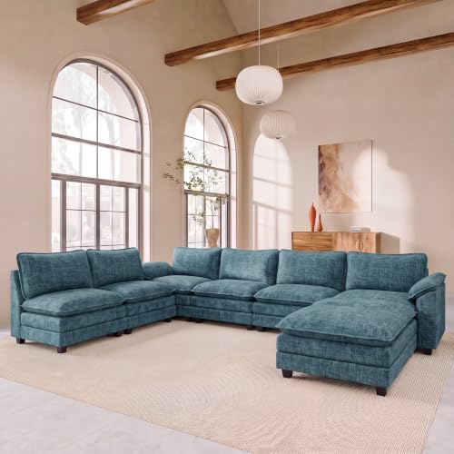 JUMMICO 232" Oversized Sectional Couch, Modular Cloud Sofa, Dark Blue | Comfy Chenille, 2 Movable Ottoman, Deep Seat, Double Layer Cushion, 6 Seat, High-Density Foam, for Living Room - color: Dark Blue, size: Oversized Sofa
