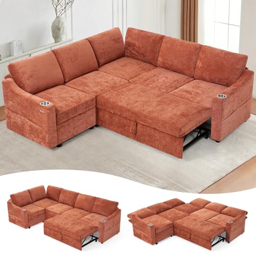 84" L-Shape Sectional Sofa Bed w/Adjustable Backrests, Orange | Chenille Upholstered Pull Out Sofa Bed w/USB Ports, Convertible Corner Sleeper Couch w/Storage Space for Living Room, - color: Orange, style: L-Shape