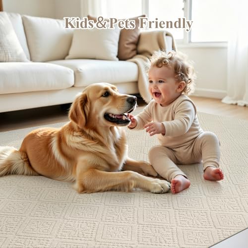 U'Artlines 5x7 Beige Washable Area Rug for Living Room | Soft Fluffy, High Low Textured Carpet, Modern Neutral, Geometric, Non Slip Rugs for Bedroom, Dining Room, Kids Room - size: 5 x 7ft