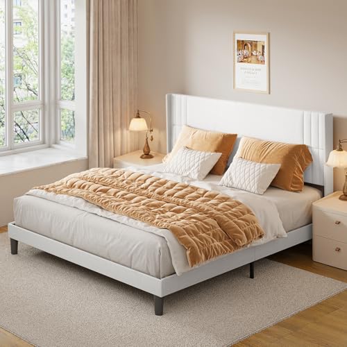Gizoon King Bed Frame with Wingback Headboard, Upholstered Platform Bed | Bed Frame with Padded Headboard,Wooden Slats, Noise-Free, No Box Spring Needed, Easy Assembly,White - color: White, size: King