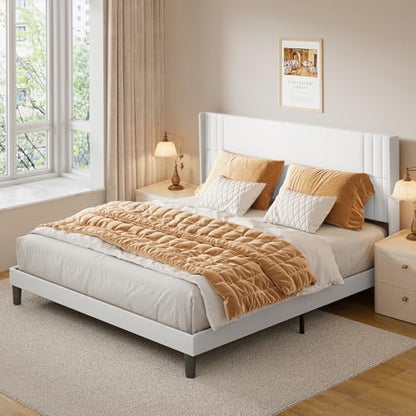 Gizoon King Bed Frame with Wingback Headboard, Upholstered Platform Bed | Bed Frame with Padded Headboard,Wooden Slats, Noise-Free, No Box Spring Needed, Easy Assembly,White - color: White, size: King