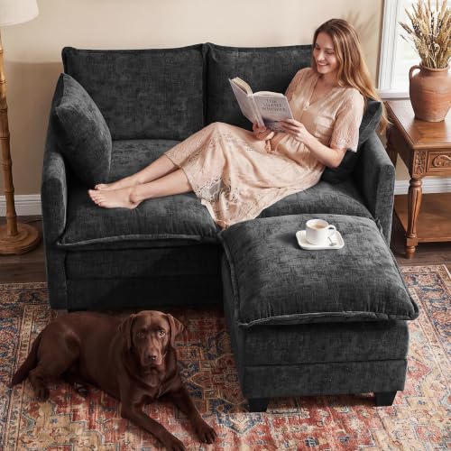 50" Loveseat Sofa with Ottoman, Cloud 2-Layer Cushion & 27" Deep Seat, Modern Love Seat Small Couch with 2 Washable Pillows for Small Spaces, Bedroom, Apartment, Office, Living Room, in a Box, Black - color: Black, size: Loveseat with Ottoman