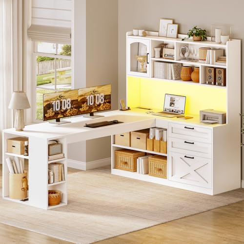 SEDETA Farmhouse 61” L Shaped Office Desk with Drawers, Storage Shelves | Computer Desk with Storage Shelves and Power Outlet, Corner Gaming Desk with LED Light and Display Cabinet for Home Office - color: White, size: L Shaped Desk