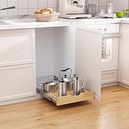Sikarou Pull Out Cabinet Organizer 14"W x 21"D Wood and Wire Storage Shelf - size: 1-TIE 14*21 WM