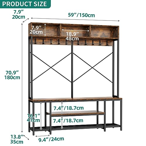 YITAHOME Entryway Bench with Coat Rack, 5-in-1 Hall Tree with Shoes Storage, Industrial Freestanding Coat Rack Shoe Bench with Storage Shelves, 10 Hooks for Hallway, Bedroom, Rustic Brown