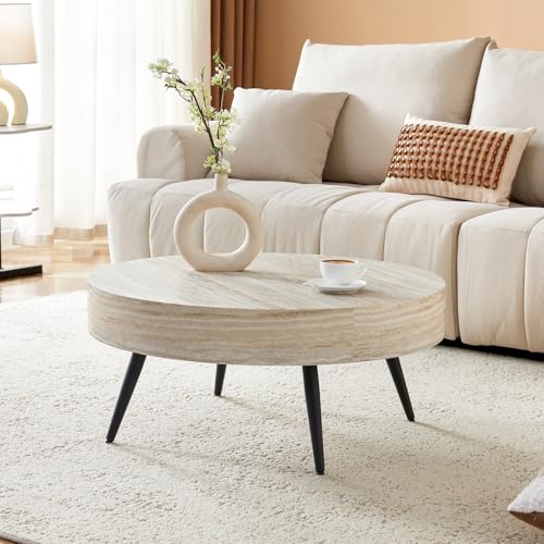 Round Coffee Table, Mid Century Small Coffee Table with Metal Legs, Wood Coffee Table Accent Center Table for Living Room Apartment Small Space (31.5''D-Stone Travertine Pattern) - color: Stone Travertine