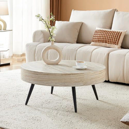 Round Coffee Table, Mid Century Small Coffee Table with Metal Legs, Wood Coffee Table Accent Center Table for Living Room Apartment Small Space (31.5''D-Stone Travertine Pattern) - color: Stone Travertine