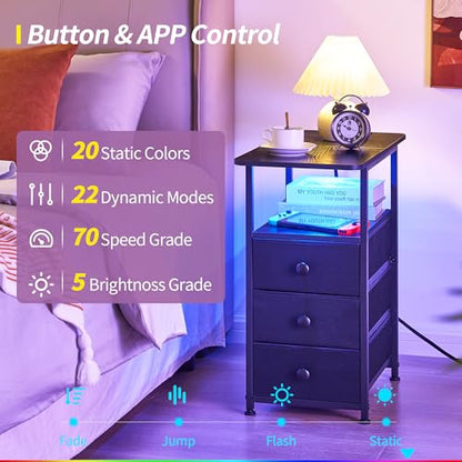 Narrow End Table with Charging Station, Narrow Side Table with 3 Fabric Drawers, Slim Nightstand with LED Light, Small Bedside Table with Storage, Living Room, Bedroom, Black HKET1303BK - color: Black, size: 11.8" W x 23.6" D, style: Power + Light