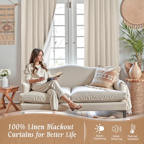 Oatmeal Linen 100% Blackout Window Curtains for Bedroom 45 Inch | Linen Textured, Thermal Farmhouse Curtains, Rod Pocket Back Tab, Window Drapes, with White Liner, 2 Panels, 38 x 45 Inch - color: Oatmeal, size: 38"W x 45"L (Pack of 2)