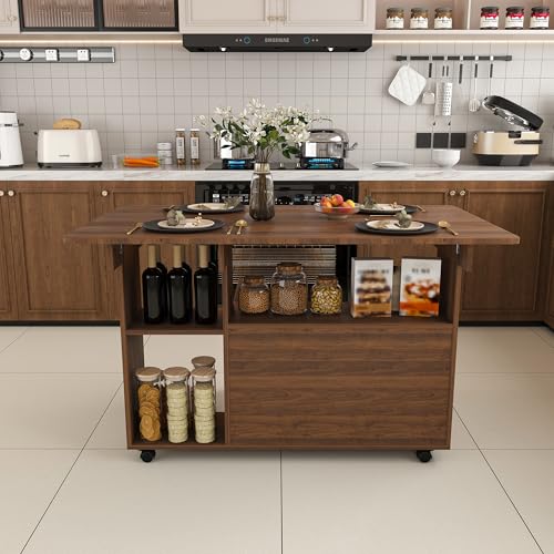 KEIKI 47 Inch Foldable Dining Table, Multi-Functional Folding Table with Storage Shelves and Wheels, Drop Leaf Extendable Dining Desk, Versatile Foldable Side Table for Kitchen, Dark Walnut - color: Drak Walnut