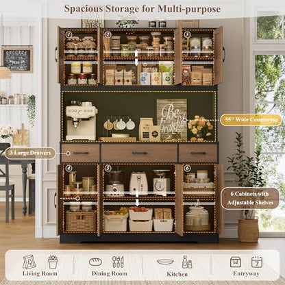 HOSTACK 71" Tall Kitchen Pantry Cabinet, 55" W Kitchen Hutch, Brown/Black | Large Pantry Cabinet with Charging Station / Countertop / 3 Drawers, Farmhouse Hutch Cabinet with Storage for Dining Room - color: Brown/Black