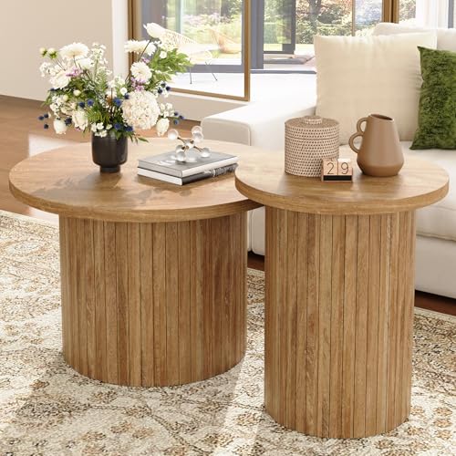 Nesting Coffee Table Set of 2, Mid Century Modern Round Coffee Tables, Wood Slat Side Table Set for Living Room, Office, Balcony (Natural Oak) - color: Natural Oak