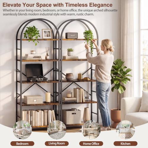 Arched Bookshelf 5 Tier Tall Bookcase, Industrial Metal Frame Book Shelf with X Reinforced Structure, Adjustable Feet Storage Display Shelf for Living Room Bedroom Office Rustic Brown