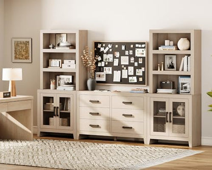 WAMPAT Farmhouse Entertainment Center with Bookshelves, TV Stand Set with Glass Doors & 6 Drawers, Wood Media Console for Living Room, Bedroom, Beige - color: Beige