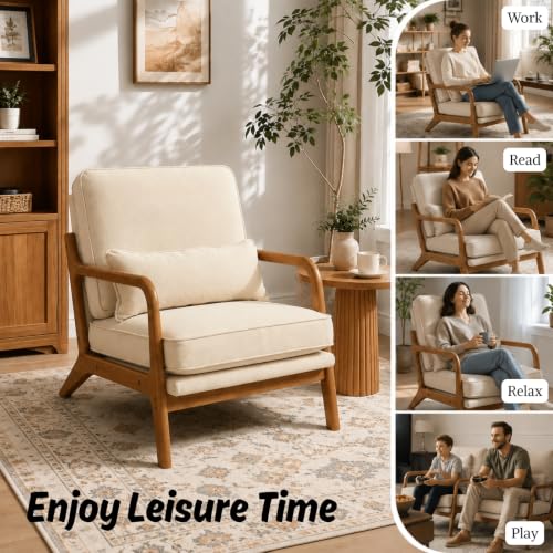 Karl home Mid-Century Accent Reading Chairs Set of 2, Beige | Linen Upholstered, Solid Wood Frame, Soft Cushion, Lumbar Pillow, Lounge Armchair for Living Room, Bedroom, Balcony, Study - color: Beige