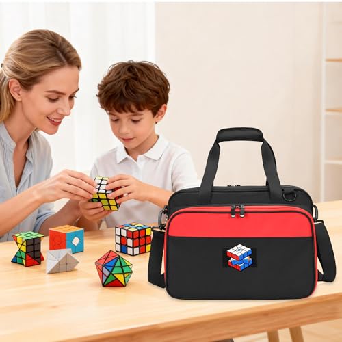 Speed Cube Case Holds 30+ Cubes and Timer with Shoulder Strap | Puzzle Cube Storage Bag with 6 Clear PVC Pockets, Front Organizer, D-Ring, Handles and Detachable Shoulder Strap, Black