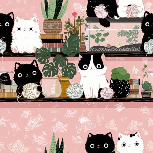 Stickorama Pink Cute Cat Peel and Stick Wallpaper Self Adhesive Removable Waterproof 17.72" x 118.1'' Whimsical Cartoon Mural Accent Renter Friendly for Bedroom Living Room Study - color: WZ-HU0037-3, size: 17.7" x 118.1"
