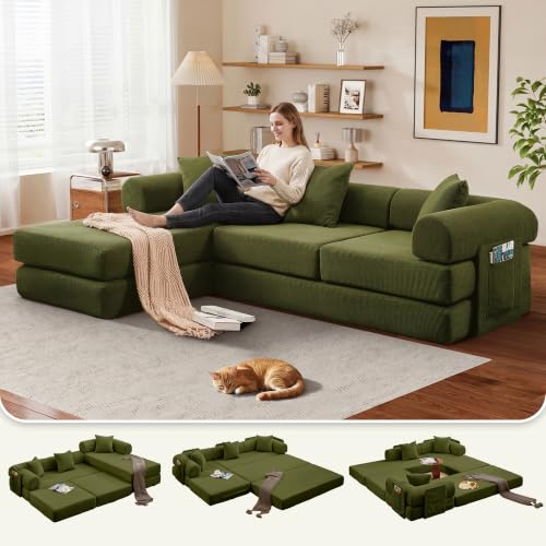107" Modular Sectional Sofa Bed, L-Shape Corduroy Boneless Couch, Green | Sleeper Futon Sofa Bed, Boneless Couches for Living Room, Modular Couch with Storage, Pull Out Couch, No Assembly Required - color: Green Corduroy