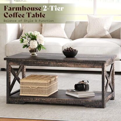 AMERLIFE 3 Piece Farmhouse Living Room Coffee Table Set, Dark Oak | Coffee Table & 2 End Tables with Charging Station and USB Ports, Farmhouse Style, Barn Door Design, Living Room Furniture - color: Dark Oak