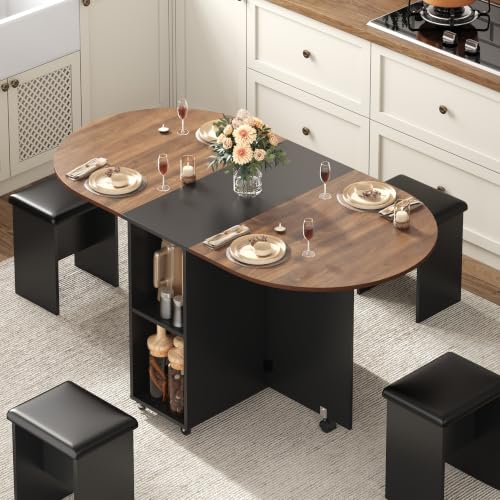 60" Extendable Drop Leaf Dining Table Set with 4 Leather Chairs,Storage,5 Pcs Oval Foldable Kitchen Table and Chairs Set for 4-8 People,6 Wheels,Folding Table Set for Small Space Saving,Walnut - color: Walnut