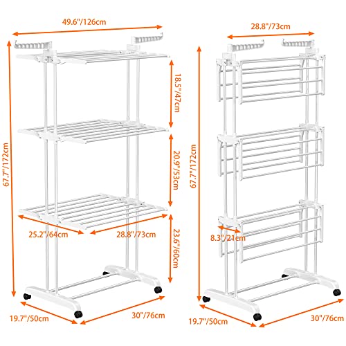 HOMIDEC Clothes Drying Rack, 4-Tier(67.7" H) Foldable Drying Rack Clothing | Foldable Stainless Steel Drying Rack, Movable Laundry Drying Rack with 4 Castors and 14 Hooks for Bed Linen, Clothing, White - color: White
