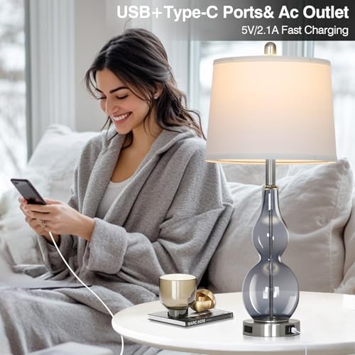 Rinweey 27.5" Gray Clear Glass Table Lamp Set of 2,3-Way Dimmable Touch Control Bedside Lamps with USB Ports and AC Outlet, Modern Nightstand Lamps for Bedroom Living Room - color: Grey-2