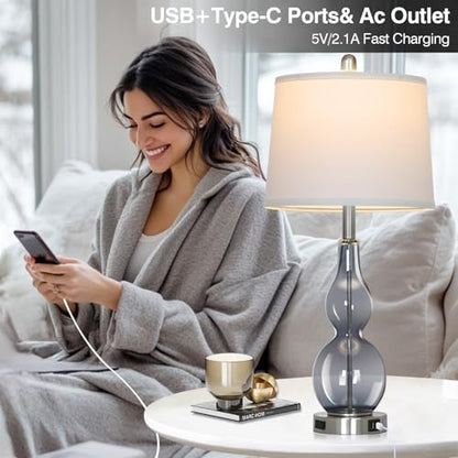 Rinweey 27.5" Gray Clear Glass Table Lamp Set of 2,3-Way Dimmable Touch Control Bedside Lamps with USB Ports and AC Outlet, Modern Nightstand Lamps for Bedroom Living Room - color: Grey-2