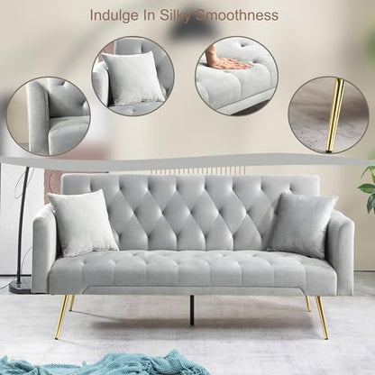 72''Modern Velvet Sofa Bed Futon,Convertible Folding Sleeper Couches with 3 Adjustable Backrests,Tufted Recliner Loveseat with Golden Chrome Legs for Living Room Apartment Office (Light Gray-new) - color: Light Gray-new