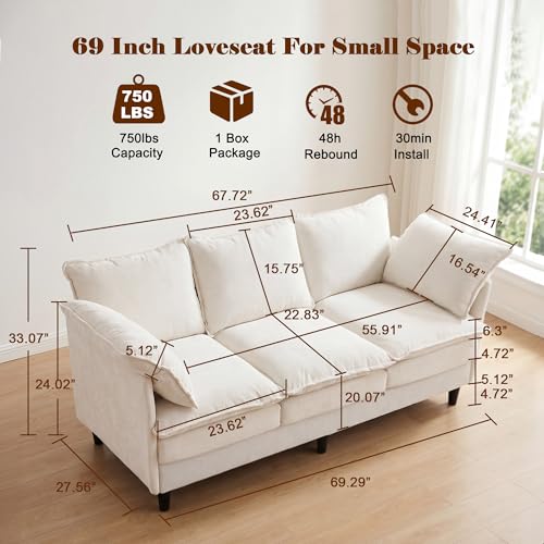 3 Seater Couch & Loveseat Sofa 2 Piece Set, Small 50" Love Seat & 69" Cloud 3 Seat Couch Sofa Set Washable Chenille Pillow Living Room Set for Apartment Office 50-Beige-3+2 - color: Beige, size: 50"+69"