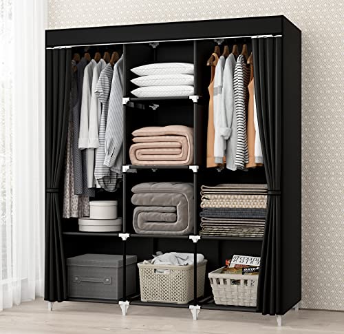 51 Inch Grey Portable Closet Bundle with 51 Inch Black Portable Wardrobe with 4 Hanging Rods, 16 Storage Organizer Shelves, Durable and Easy to Assemble
