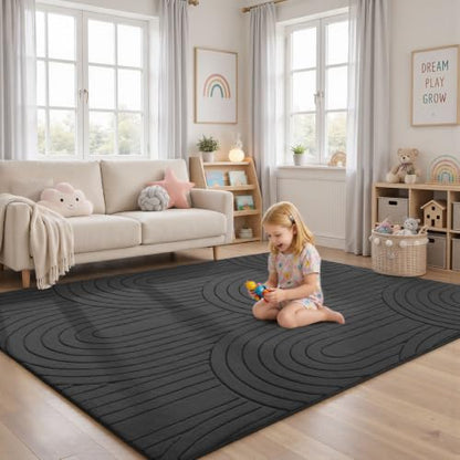 Sour Lemon Area Rugs 9x12 Living Room Bedroom, Modern Washable Rug Grey | Machine Carpet Non-Slip, Soft Large Fluffy Plush Thick, Big, Geometric High-Low Pile Nersy Rug for Kids Dining Room - color: Dark Grey, size: 9' x 12' (Rectangular)