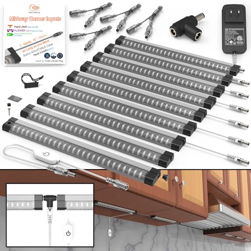 EBD Under Cabinet Lighting Plug in or Hardwired, 9 Pcs 12 Inch No Messy Wires Built-in Adjustable Cable LED Light, T-Connector Counter Lights for Smart Plug Kitchen Home Office 6500K 4050Lm 4 Cables - size: 9-Pack 4 Cables