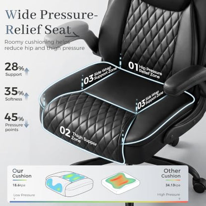 GTPOFFICE Executive Office Chair with Comfortable Lumbar Support, Ergonomic Gaming Chair with Flip-up Armrests & Zoned Pressure-Relief Cushion, Comfy PU Leather Desk Chair, Light Black - color: Light-black