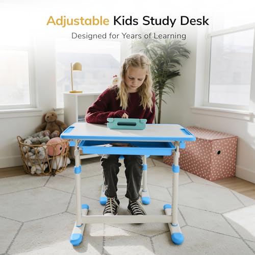 Mount-It! Kids Desk and Chair Set, Height Adjustable Sturdy, Kid Study Workstation and Chair Set for Boys, Home School, Arts, Drawing, Crafts, Ergonomic Childrens Storage Drawer Blue - color: Blue