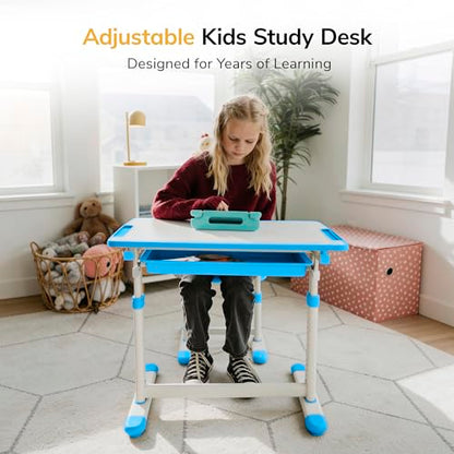 Mount-It! Kids Desk and Chair Set, Height Adjustable Sturdy, Kid Study Workstation and Chair Set for Boys, Home School, Arts, Drawing, Crafts, Ergonomic Childrens Storage Drawer Blue - color: Blue